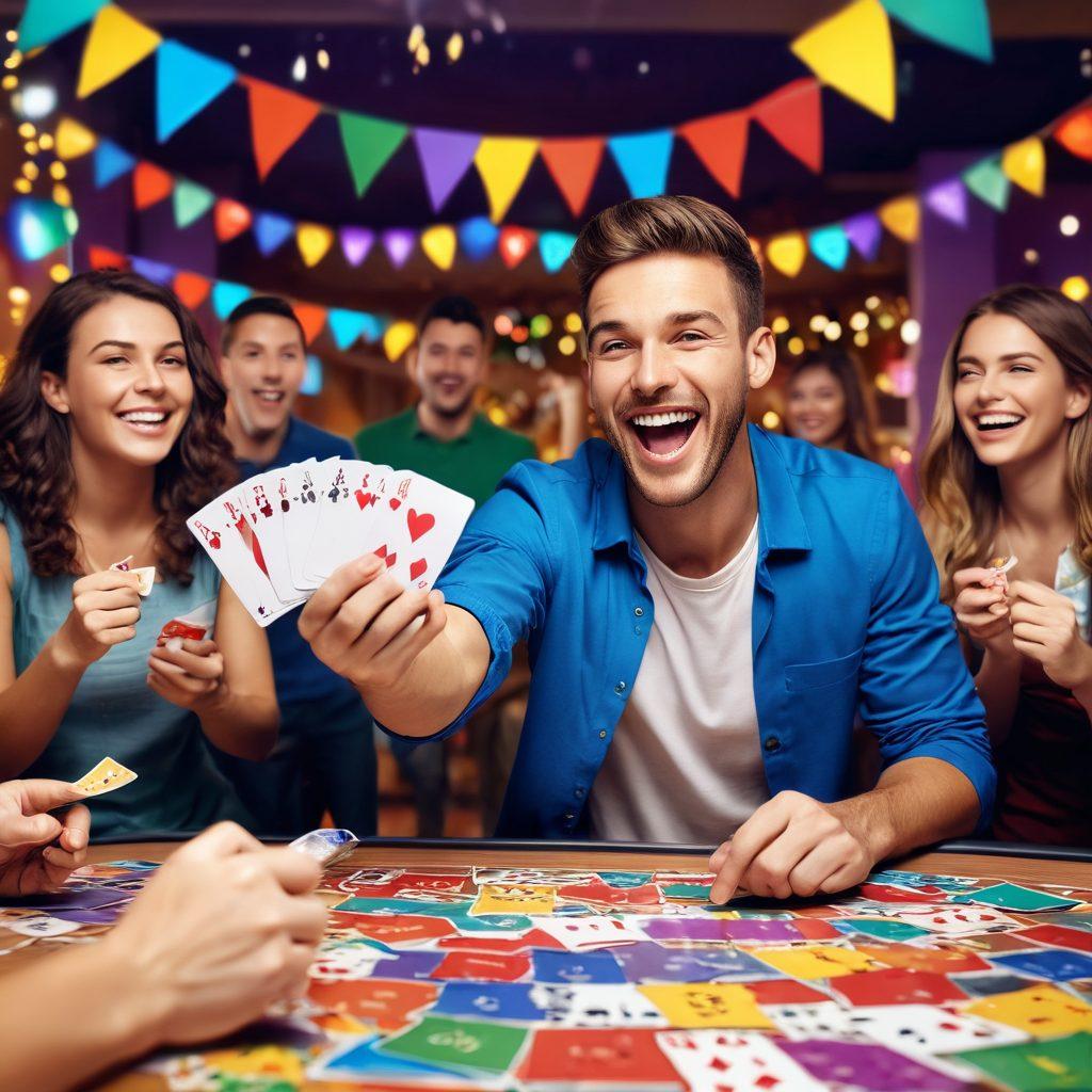 A cheerful player enjoying a lively game of GoStop, surrounded by colorful cards and excited friends, showcasing their strategy with a focused expression. The background has a festive vibe with streamers and lights, symbolizing joy and success in gaming. Brightly colored hands holding cards add dynamism. super-realistic. vibrant colors. 3D.