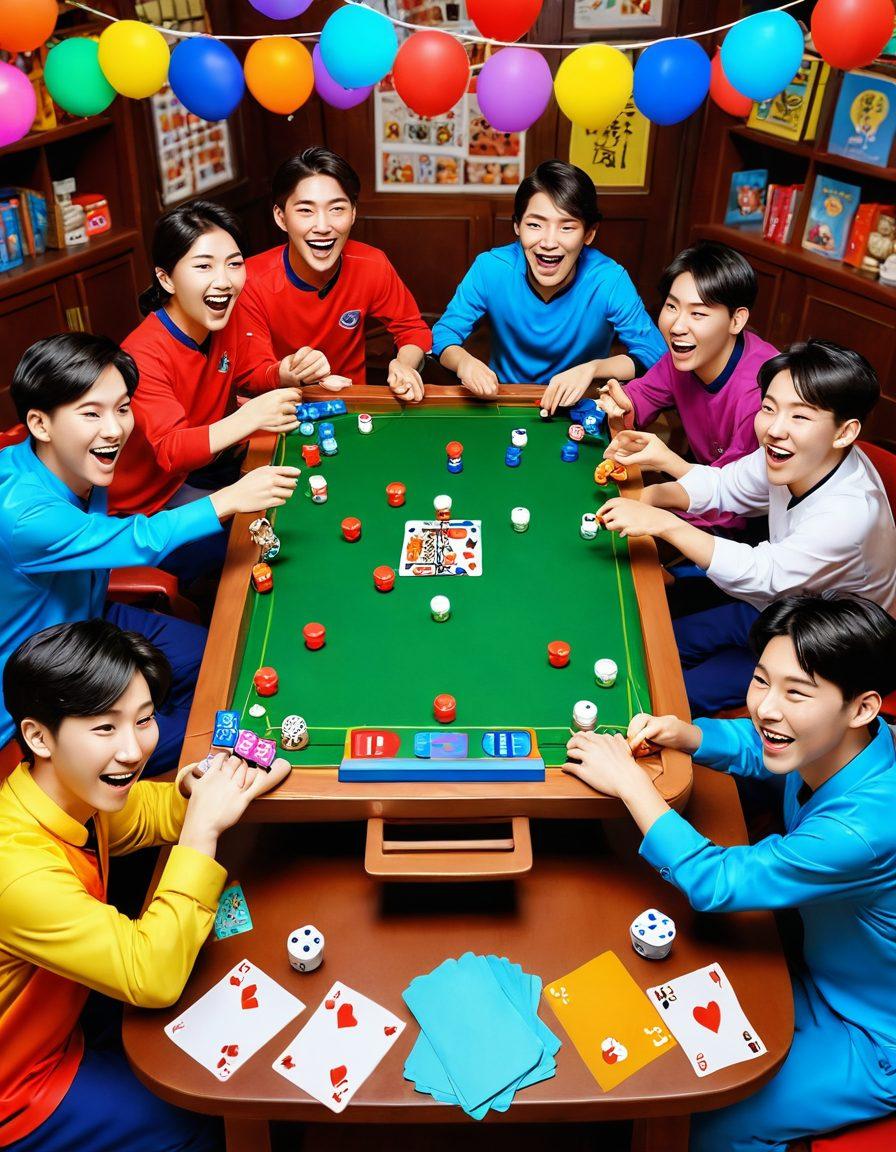 A vibrant game scene depicting cheerful players engaged in a lively GoStop match, bursting with joy and excitement. The background shows colorful Korean inspired decor, with traditional cards spread out on a table, surrounded by expressions of camaraderie and fun. Bright, inviting colors to enhance the atmosphere of enjoyment. cartoon style. vibrant colors. 3D.