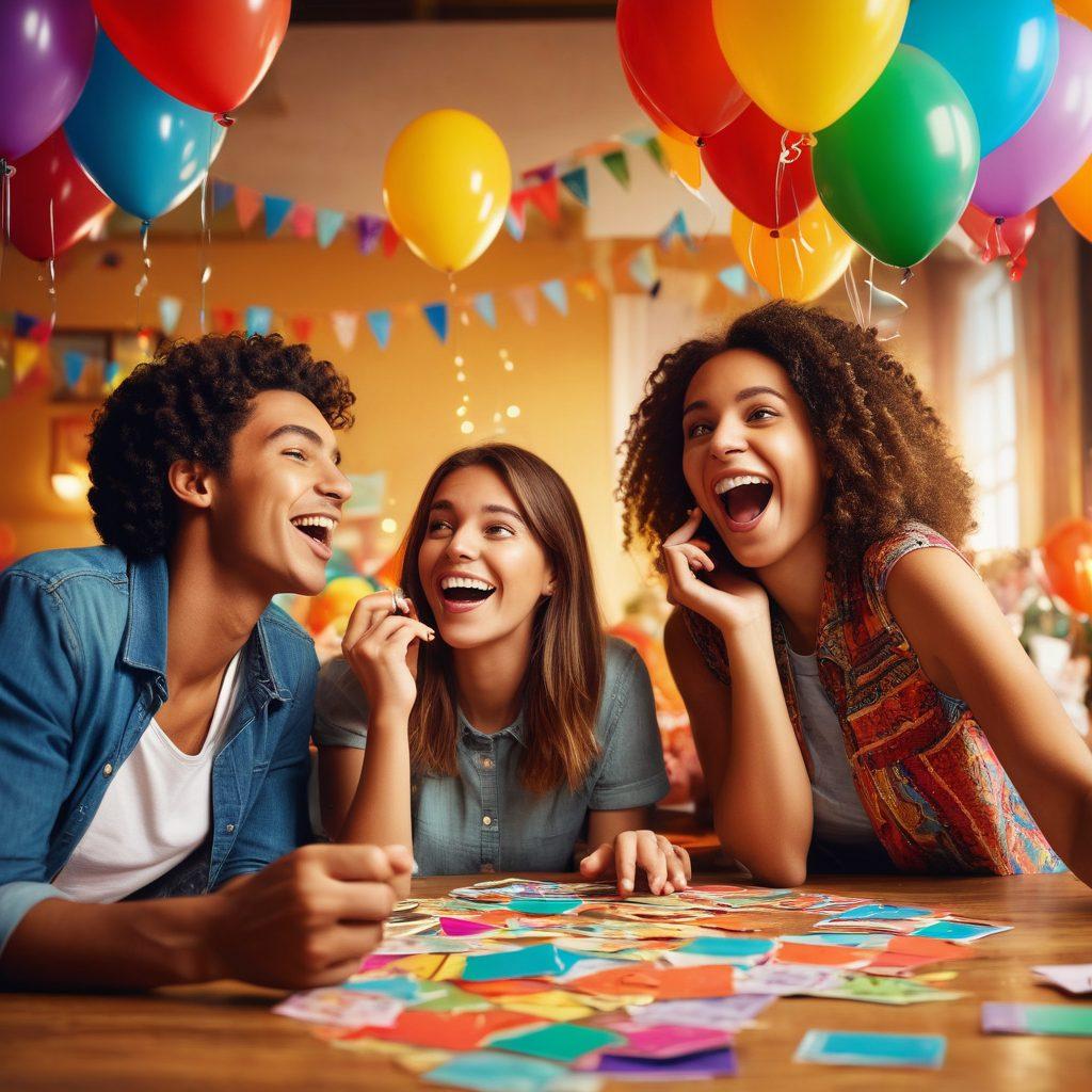 A vibrant scene depicting a diverse group of people joyfully engaging in a GoStop game, surrounded by colorful cards and lively expressions. A cheerful atmosphere with balloons and party decorations, illustrating camaraderie and excitement. Soft lighting casting a warm glow on their faces, enhancing the joyful ambiance. super-realistic. vibrant colors. cheerful background.